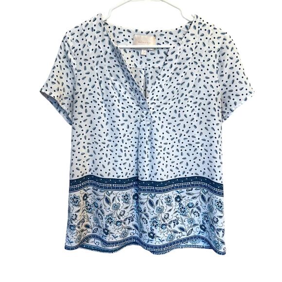 Skies Are Blue Tops - Womens Skies Are Blue Blue White Print Boho Flowy Lightweight Blouse Size XS